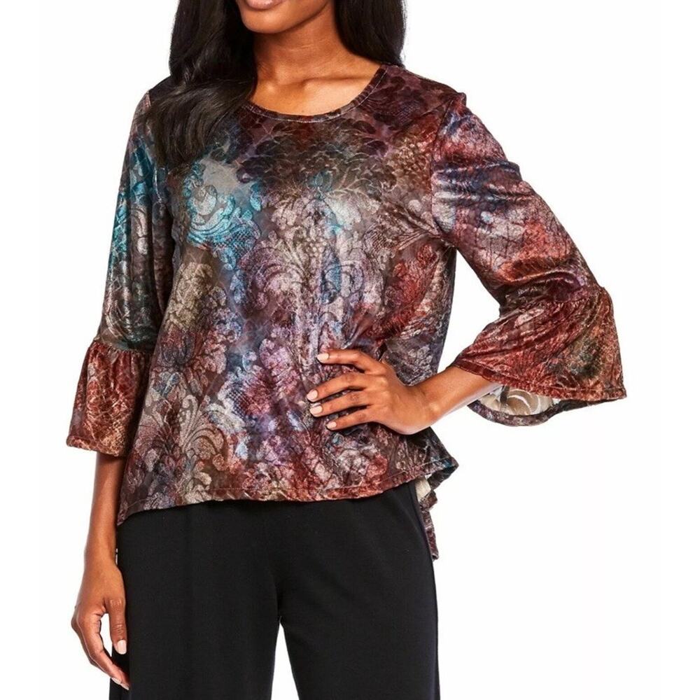 BRYN WALKER Fran Shirt Tunic TOP Size M Multi Velvet Burnout Lagenlook NEW $148
